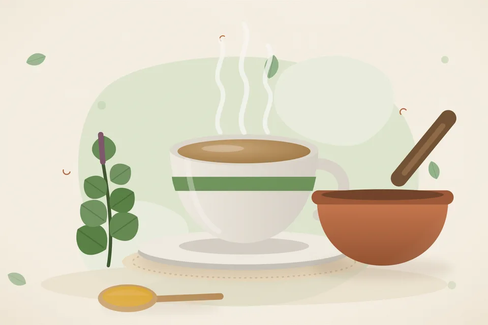 Illustrated still life with tulsi leaves.