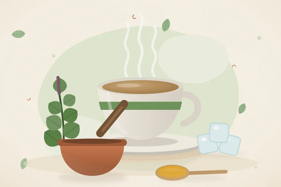 Illustrated still life with tulsi leaves, ice.