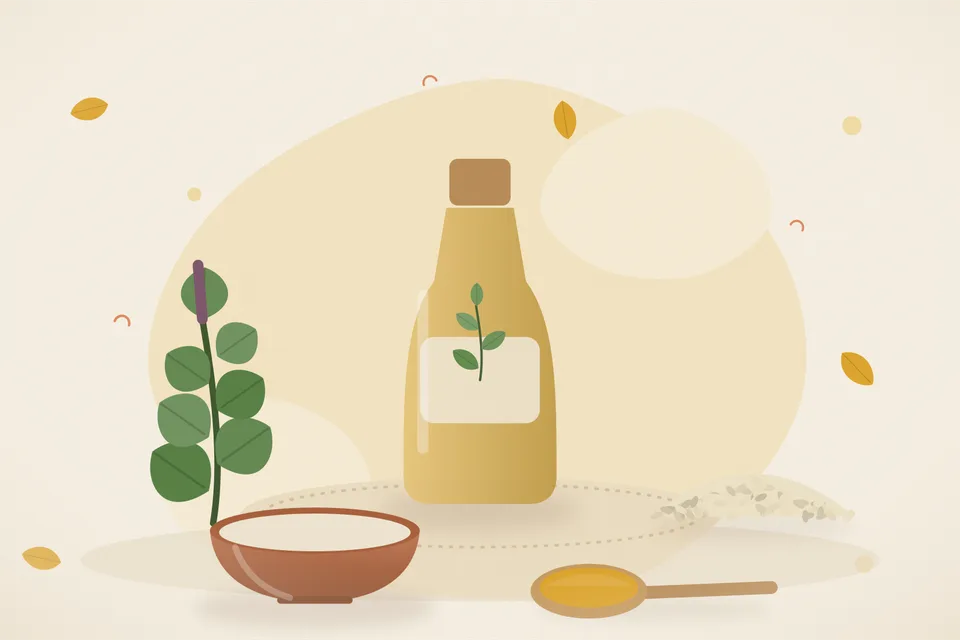Illustrated still life with tulsi leaves, sesame seeds.