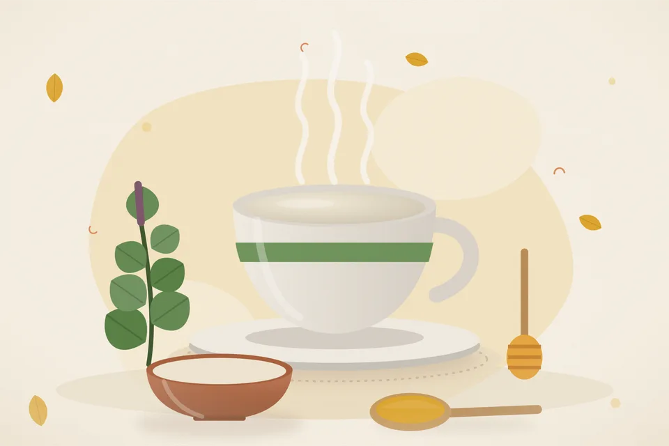 Illustrated still life with tulsi leaves, honey.