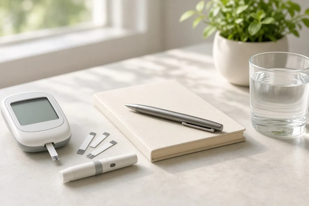 A digital glucometer with test strips and a lancet pen beside a closed notebook with a pen and a glass of water.