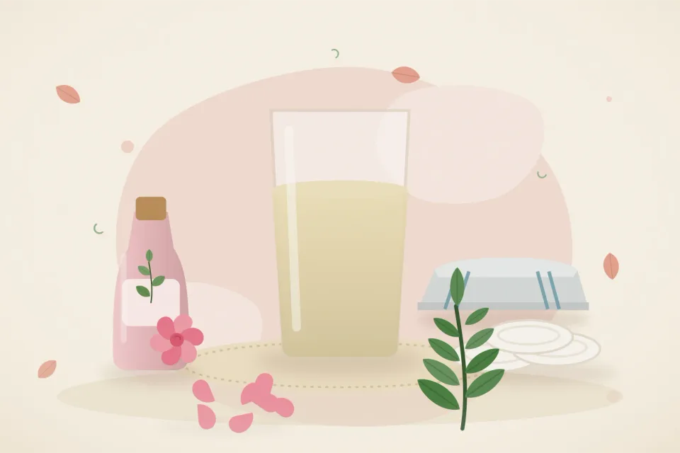 Illustrated still life with rose water, cotton pads, rose petals, neem leaves, a folded cloth.