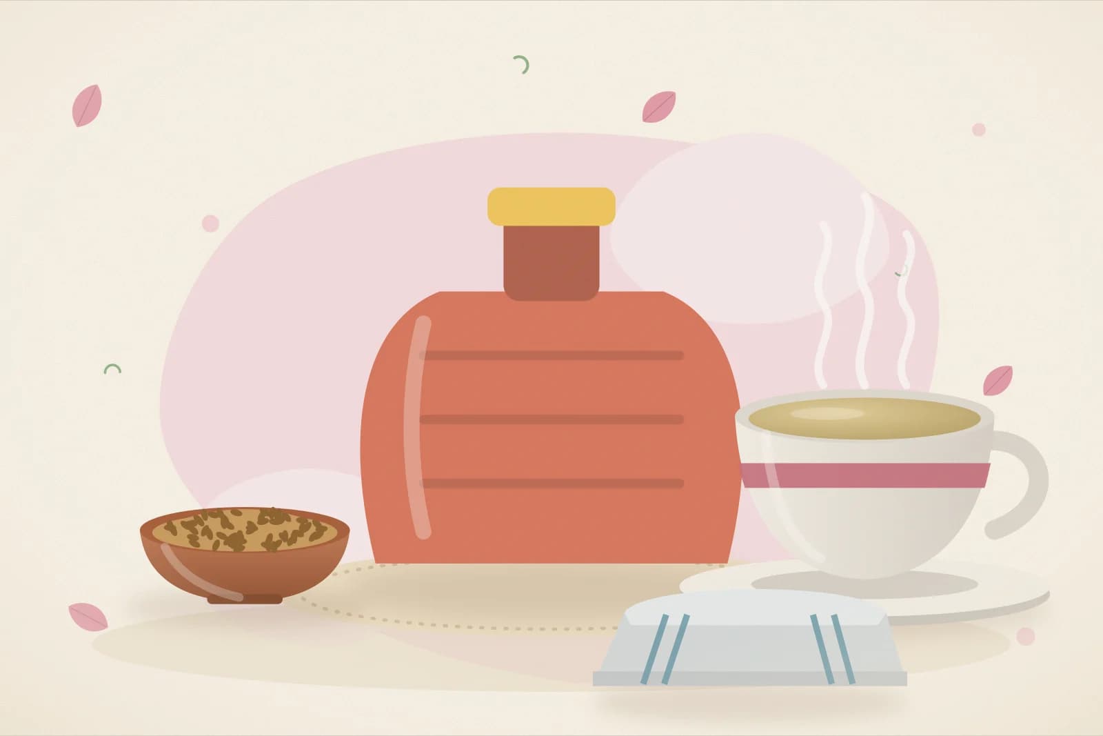 A hot water bag, a small bowl of flaxseeds, a cup of warm herbal tea and a folded soft cloth on a blush-pink background
