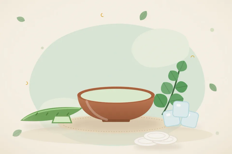 Fresh aloe vera leaf with gel, ice cubes and a cotton pad on a soft green background