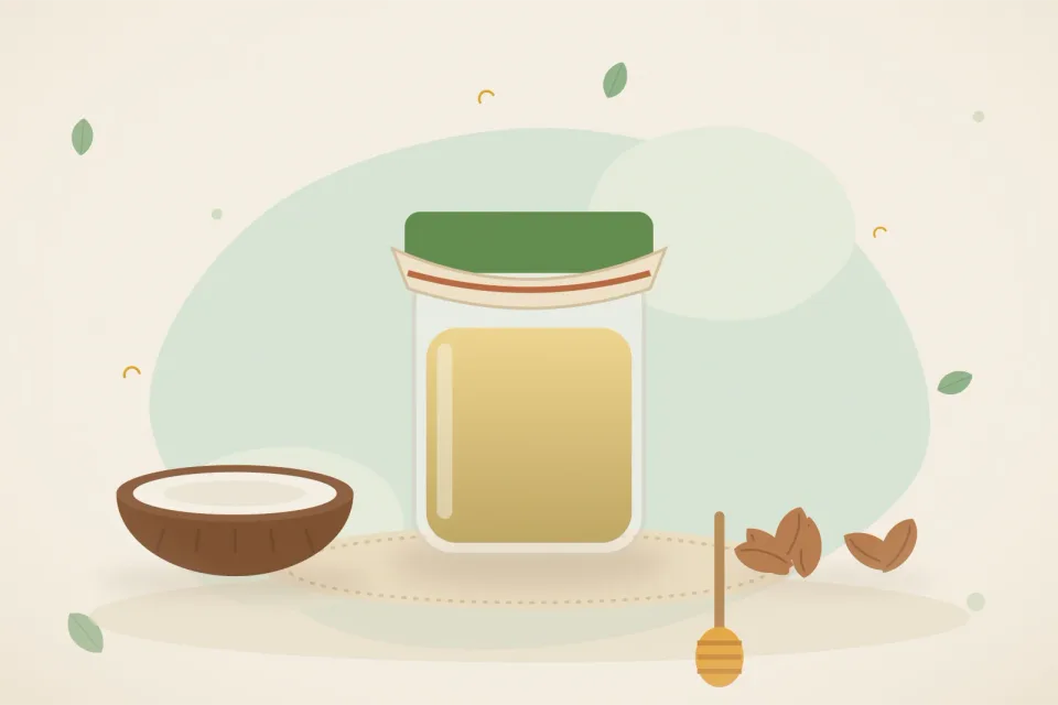 Small jar of ghee, half a coconut, almonds and a honey dipper on a mint green background