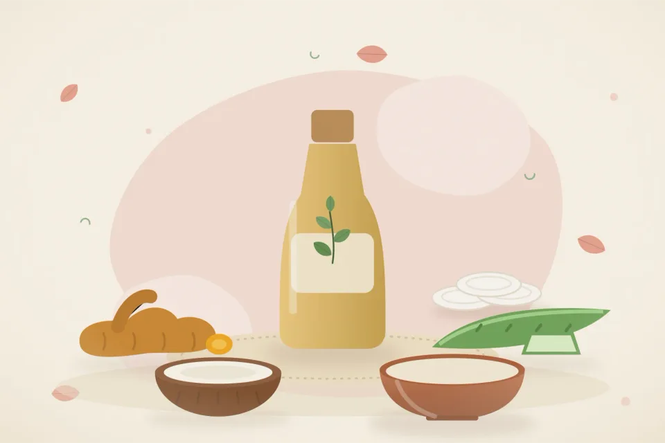 Illustrated still life with turmeric root, aloe vera, coconut.
