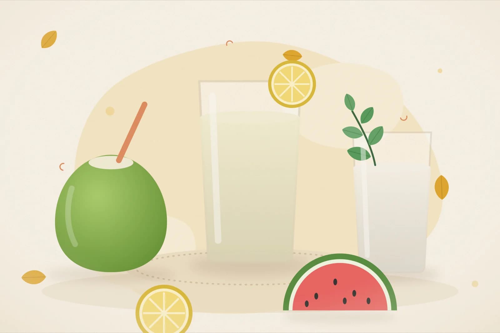 A glass of ORS with lemon, a green coconut, a glass of buttermilk with mint and watermelon slices on a sunny yellow background