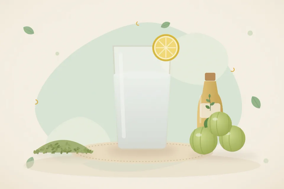Glass of water with lemon slice, a small heap of fennel seeds, amla fruits and a bottle of sesame oil