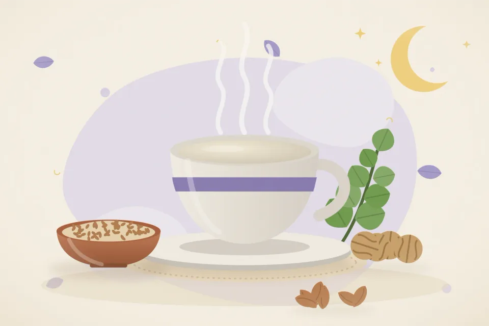Bowl of soaked almonds, a glass of warm milk, walnuts and a sprig of brahmi under a crescent moon