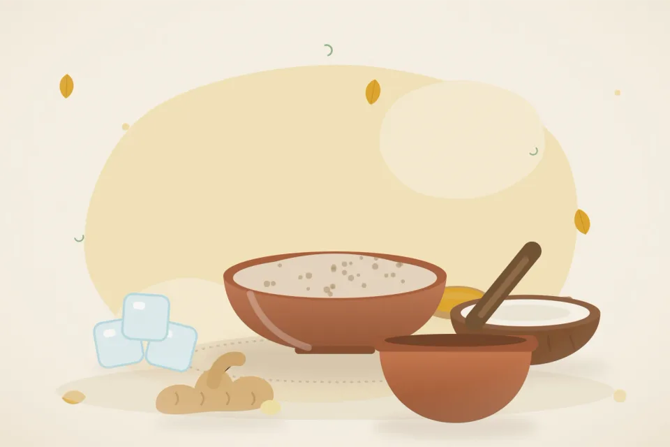 Illustrated still life with ice, coconut, fresh ginger.