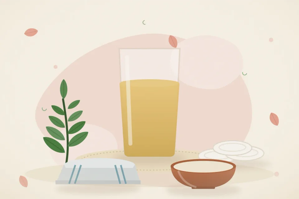 Illustrated still life with neem leaves, cotton pads, a folded cloth.