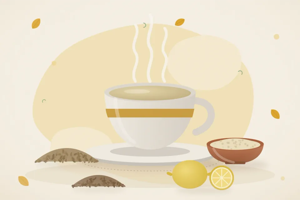 A cup of warm ajwain water, ajwain and cumin seeds, a small bowl of hing powder and a lemon on a turmeric-yellow background