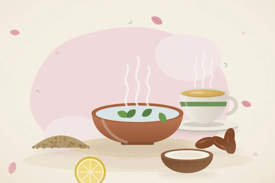 Illustrated still life with coriander seeds, dates, lemon, coconut.