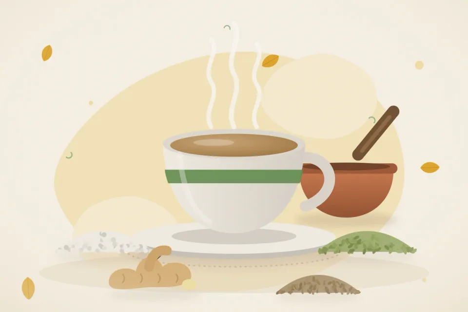 Illustrated still life with rock salt, fennel seeds, fresh ginger, ajwain seeds.