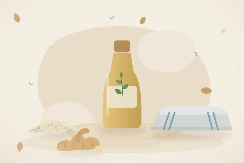 Illustrated still life with sesame seeds, a folded cloth, fresh ginger.
