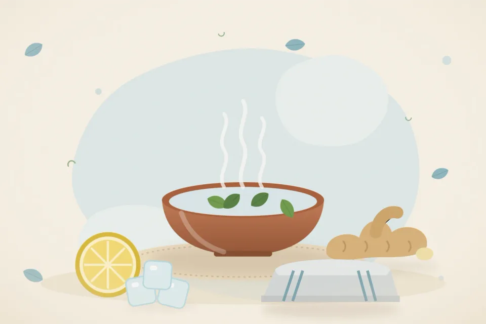 Illustrated still life with lemon, fresh ginger, ice.