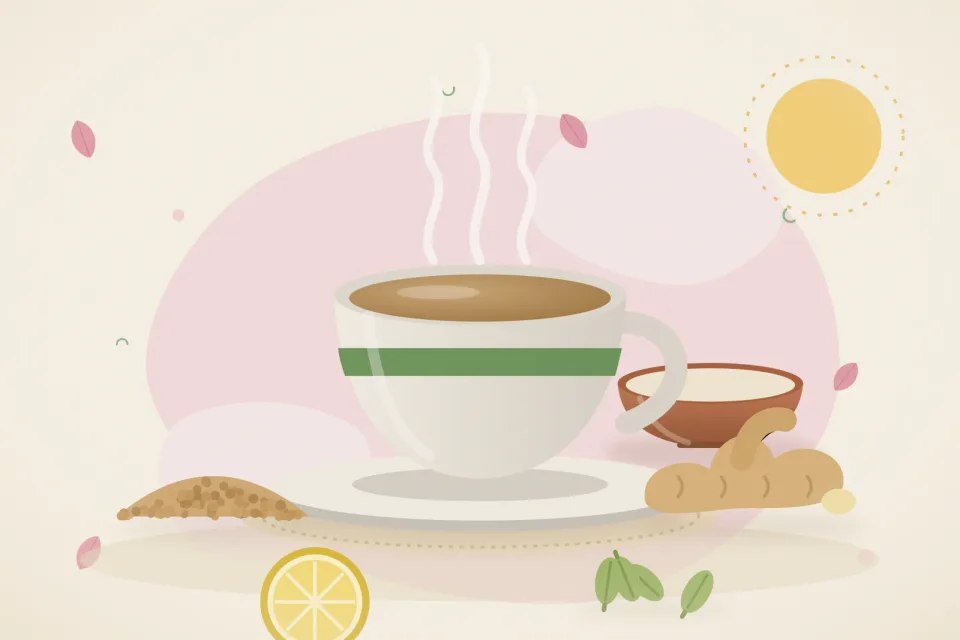 Illustrated still life with chickpeas, fresh ginger, lemon, cardamom.