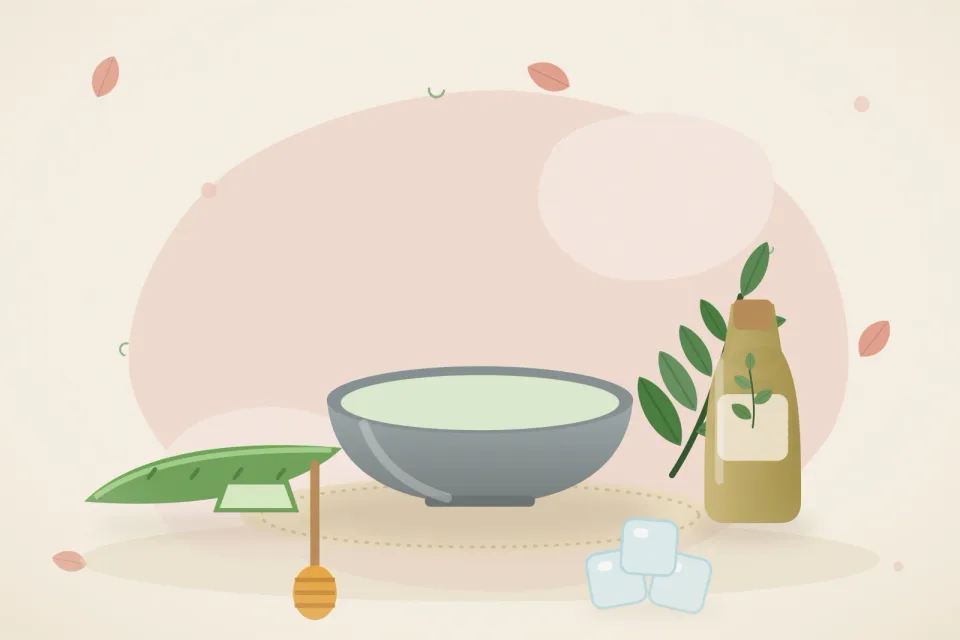 A bowl of aloe vera gel, an aloe leaf, ice cubes, a honey dipper and neem leaves with a small bottle of neem oil on a rose-pink background