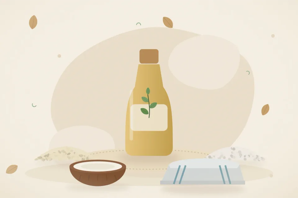 Illustrated still life with sesame seeds, rock salt, coconut.