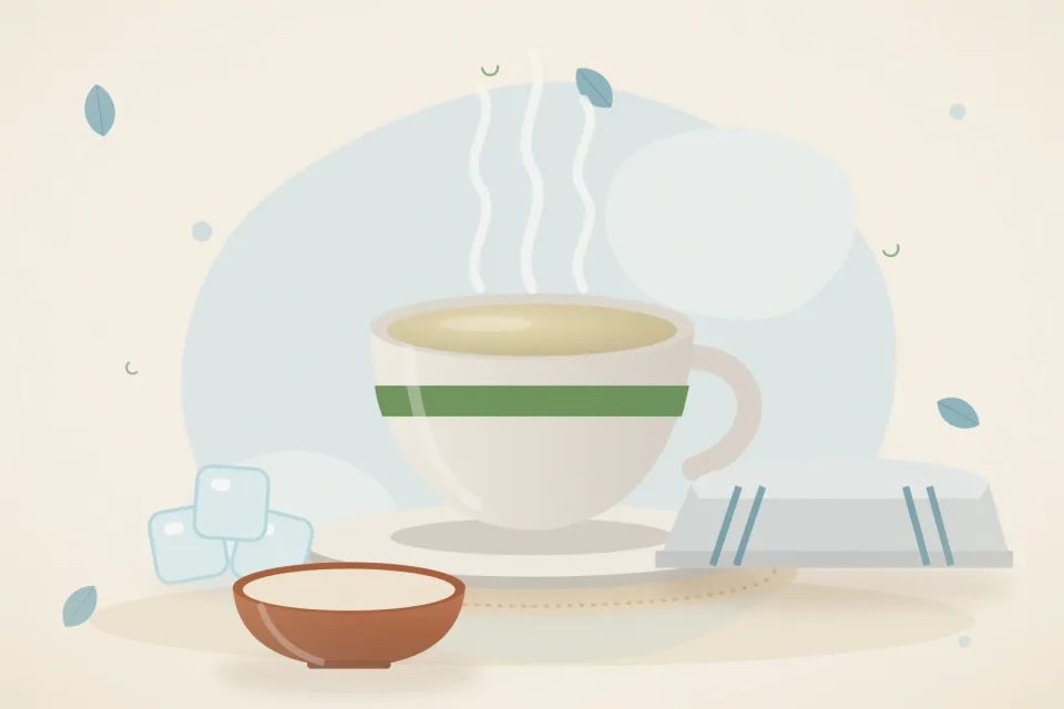 Illustrated still life with ice, a folded cloth.