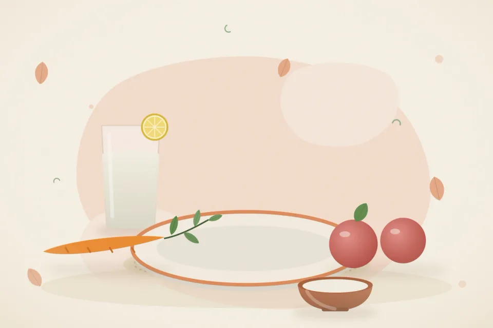 A small plate, a carrot and apples, a bowl of curd and a glass of lemon water on peach