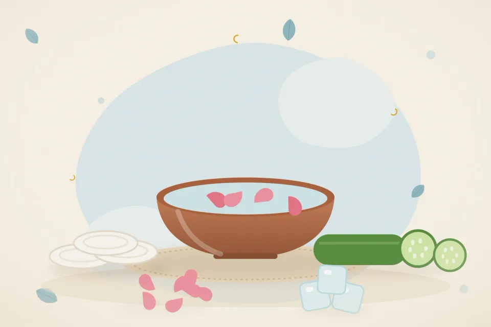 Cotton pads soaking in a bowl of cool water, ice cubes, rose petals and cucumber slices on a pale blue background
