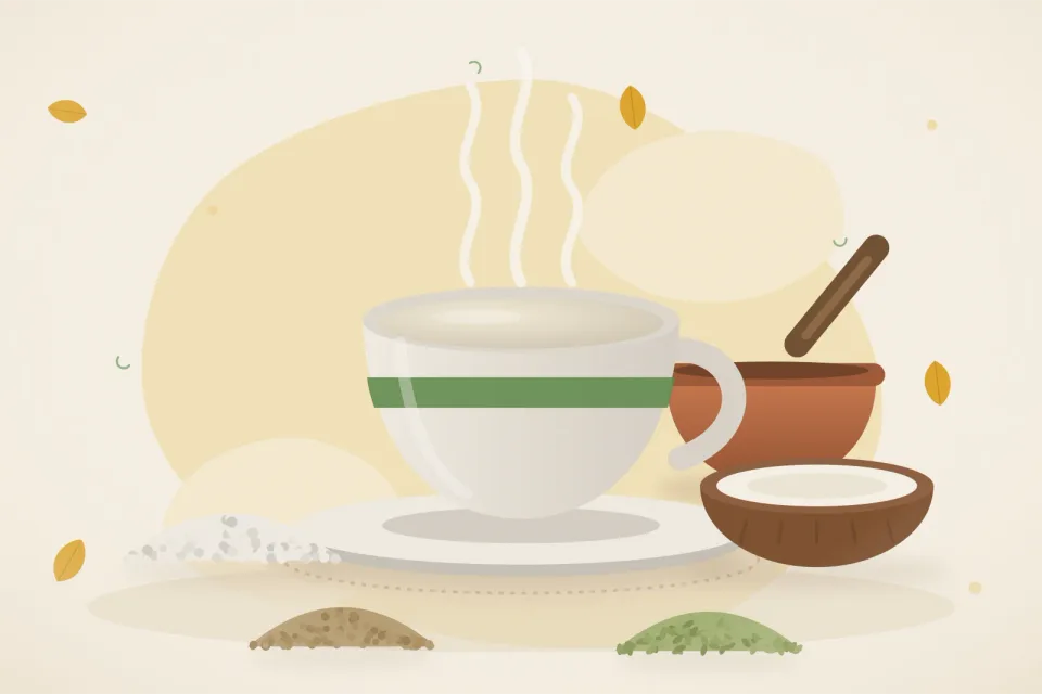 Illustrated still life with mishri crystals, coconut, coriander seeds, fennel seeds.