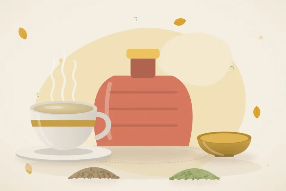 A hot water bag, a cup of ajwain water, ajwain and fennel seeds and a small bowl of warm oil on a turmeric-yellow background