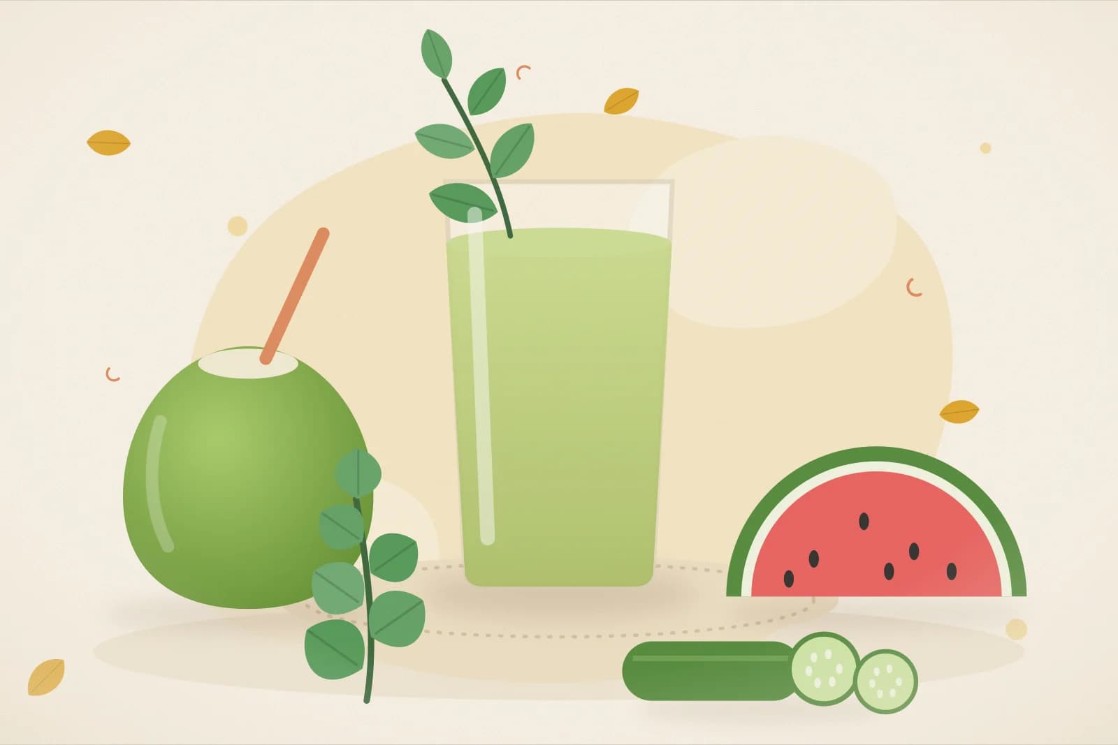 A glass of green aam panna with mint, a green coconut, watermelon slices and cucumber on a sunny yellow background