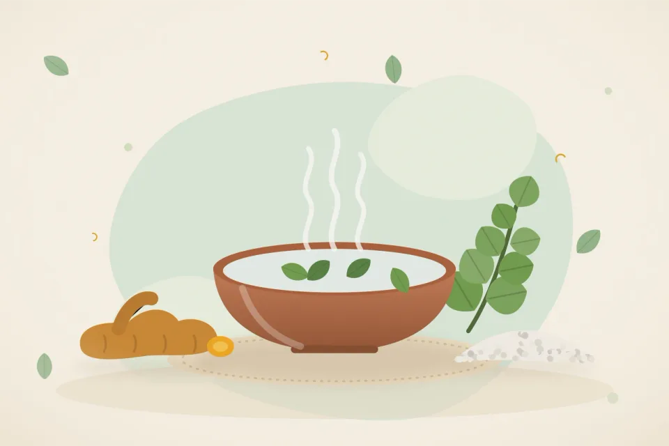 Bowl of warm salt water, fresh turmeric root, guava leaves and a pinch of salt on a light mat