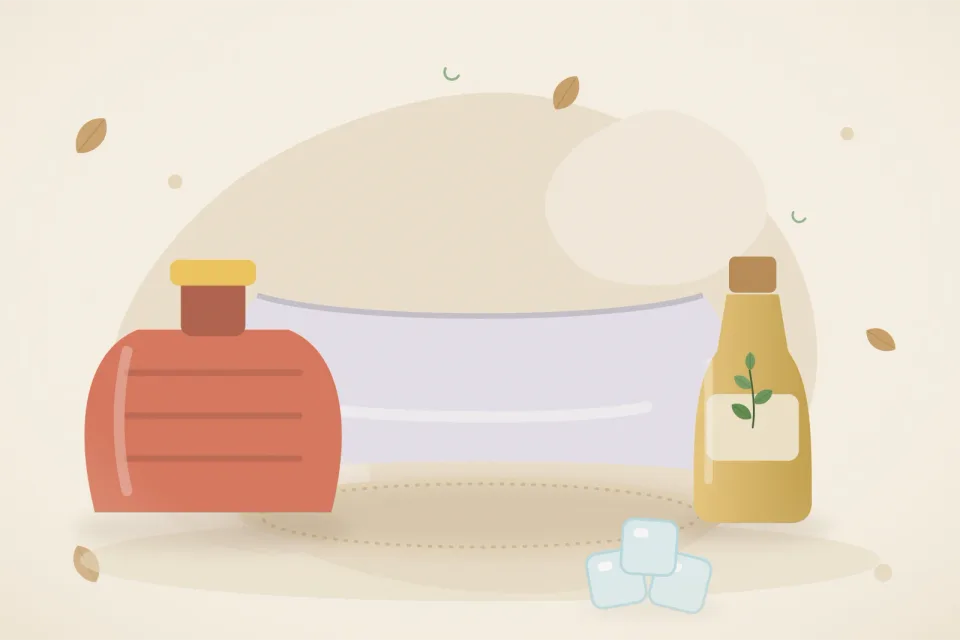 A soft cushion, a hot water bag, ice cubes on a folded cloth and a bottle of sesame oil on a sandy beige background
