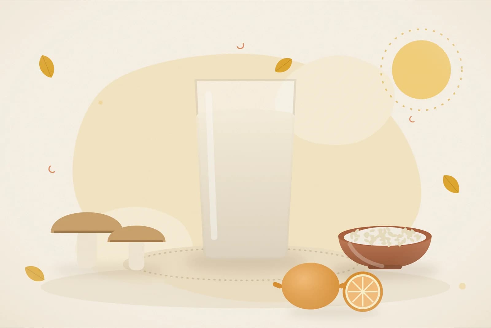 A glass of milk, boiled eggs, mushrooms, a bright sun and orange slices on a sunny yellow background