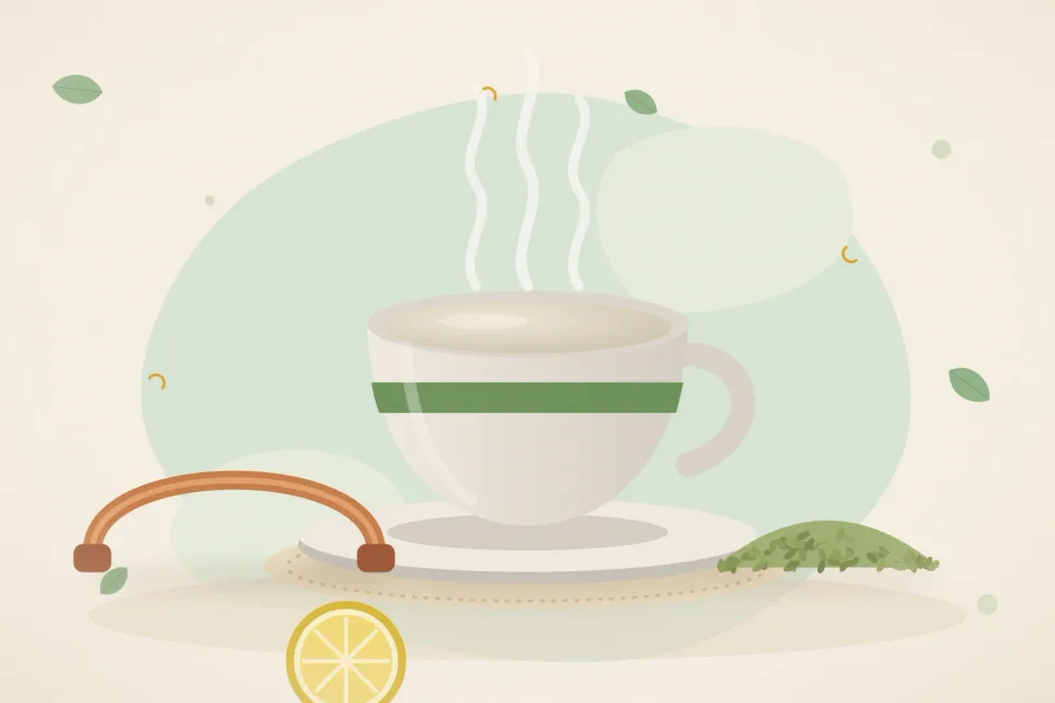 Copper tongue scraper beside a cup of warm water, a lemon slice and a small heap of fennel seeds