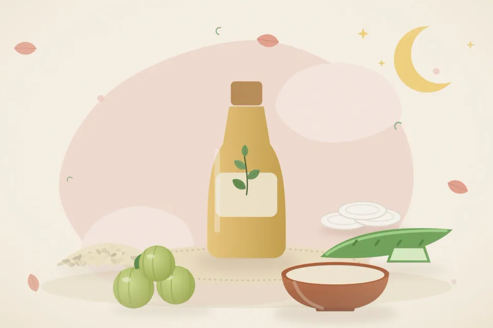 Illustrated still life with sesame seeds, aloe vera, amla.