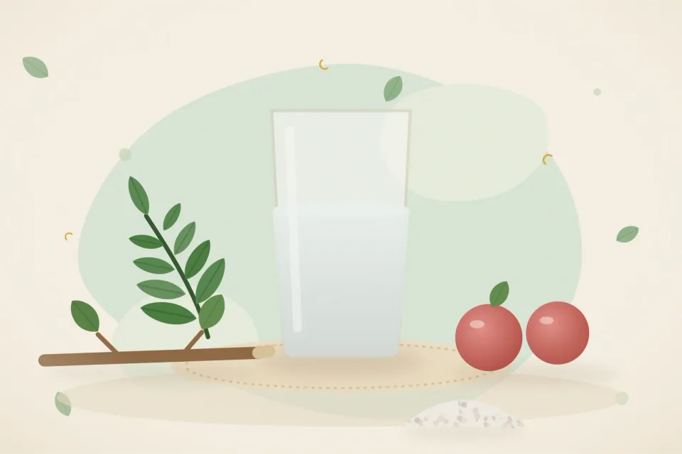 Neem twigs, a bowl of rock salt, an apple and a glass of water arranged on a cream background