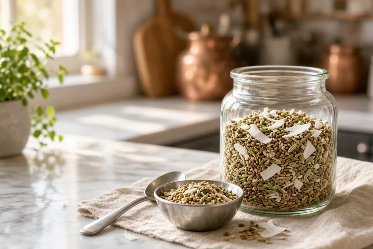 A glass jar and a small steel bowl of mukhwas with green fennel seeds, ajwain, sesame and pale coconut shavings.