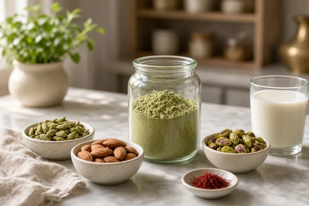 Small bowls of almonds, pistachios and green cardamom pods with saffron threads, a jar of coarse powder and a glass of milk.