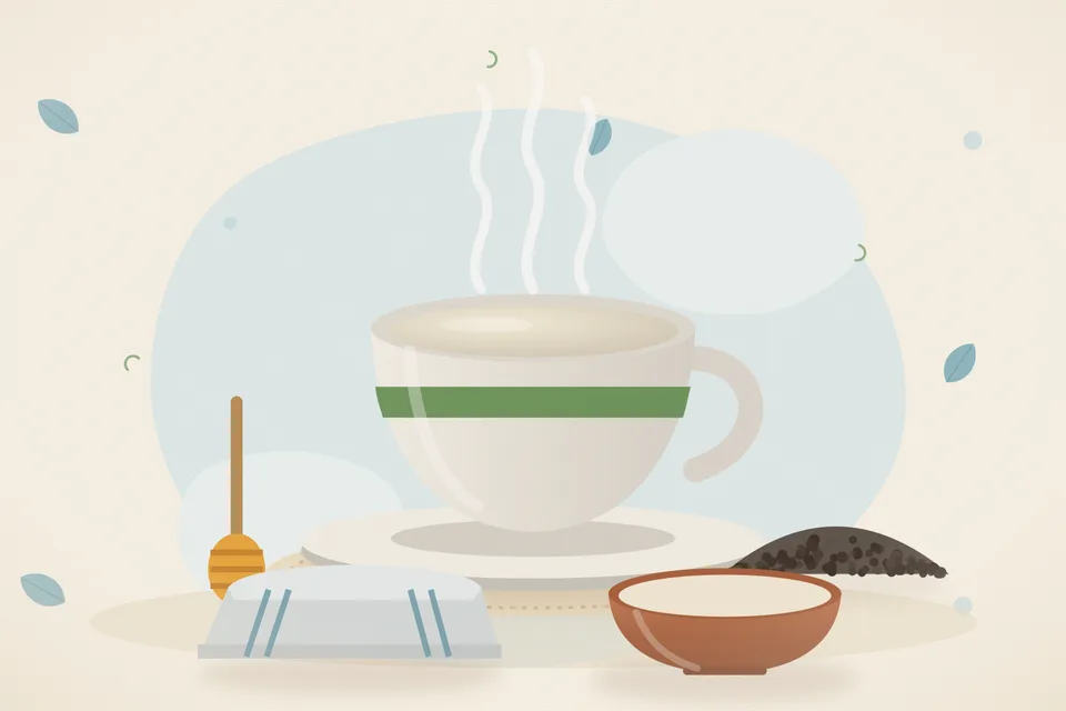 Illustrated still life with honey, black pepper.