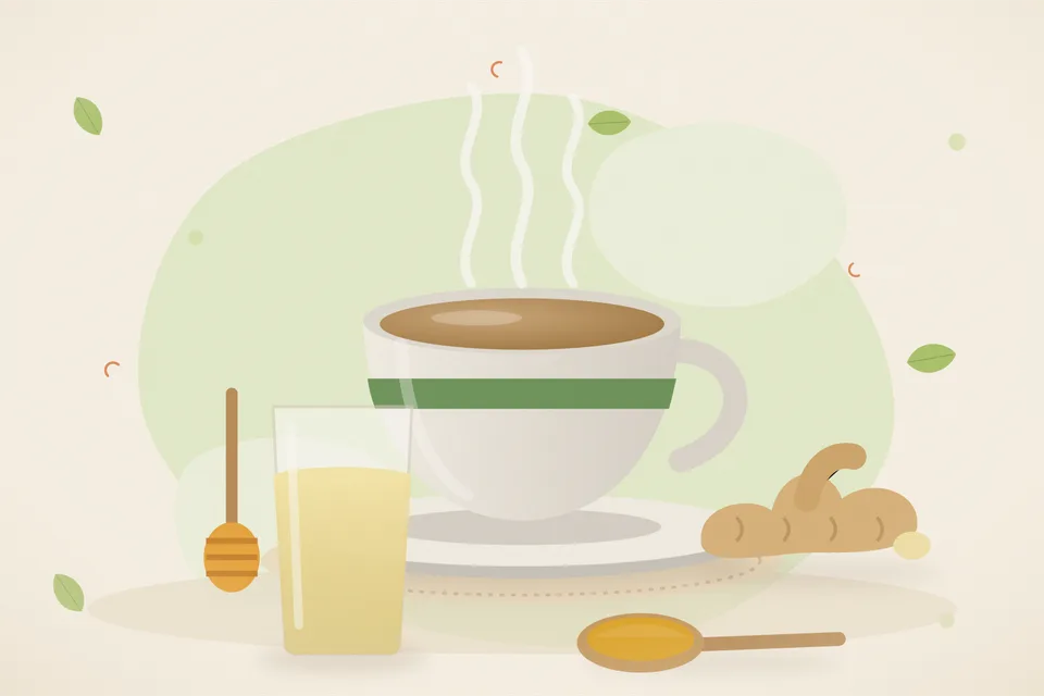 Illustrated still life with honey, fresh ginger.