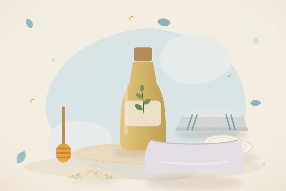 Illustrated still life with honey, cotton pads, sesame seeds, a soft pillow.