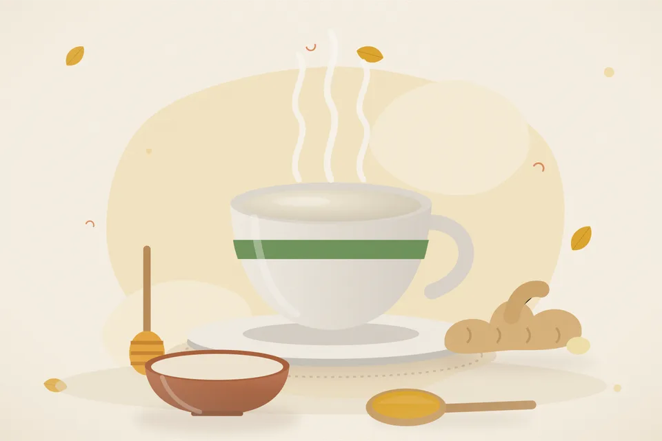 Illustrated still life with honey, fresh ginger.