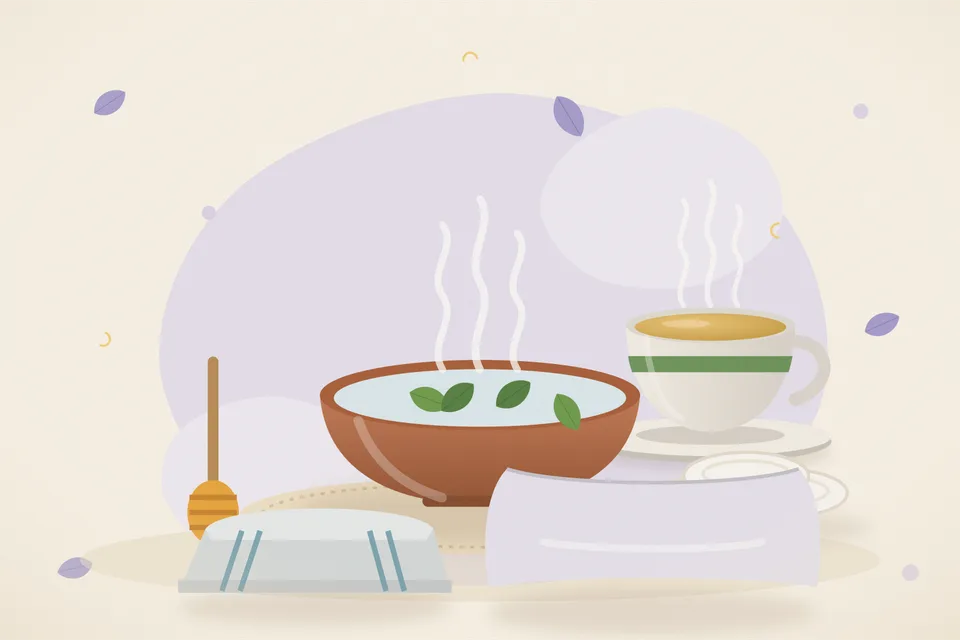 Illustrated still life with honey, cotton pads, a folded cloth.