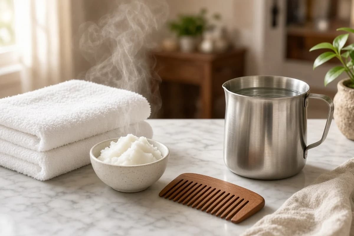 Folded white towels, a small bowl, a wooden comb and a steel jug of water on a marble counter.