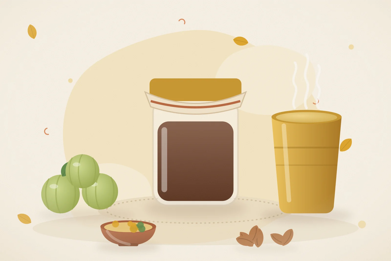 A small jar of chyawanprash, amla fruits, a brass cup of turmeric milk, almonds and a bowl of dal on a sunny yellow background