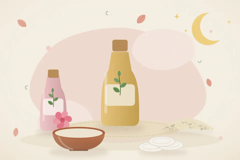 Illustrated still life with rose water, sesame seeds.