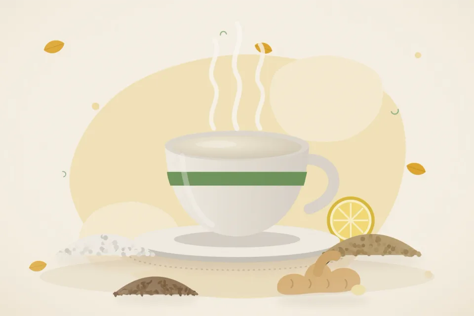 Illustrated still life with rock salt, coriander seeds, cumin seeds, fresh ginger, lemon.