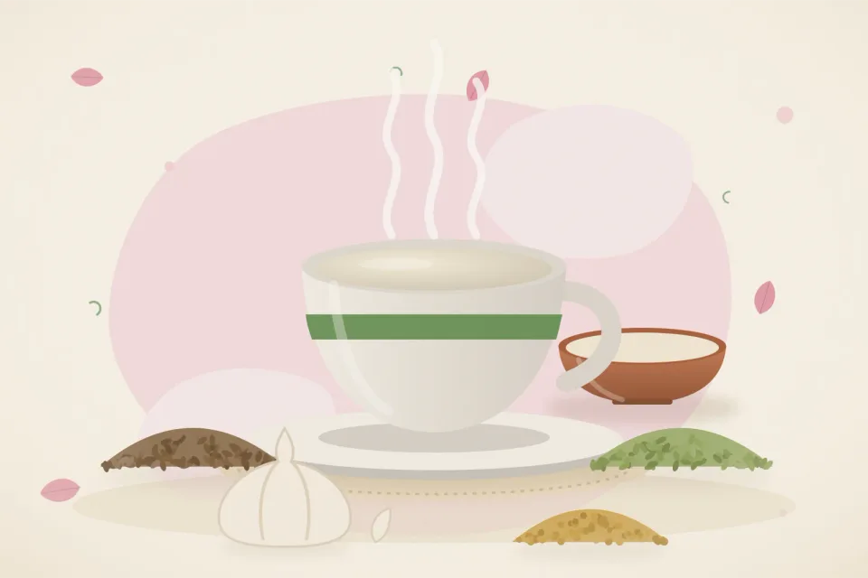 Illustrated still life with cumin seeds, fennel seeds, garlic, fenugreek seeds.