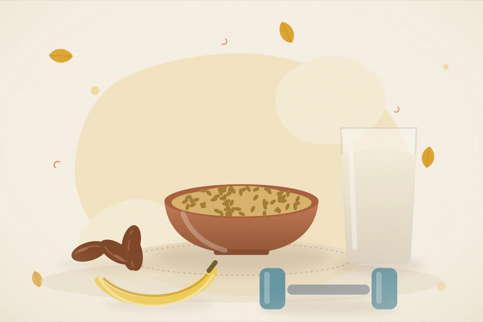 Soaked almonds in a bowl, dates, a glass of milk, a banana and a pair of light dumbbells on a sunny yellow background