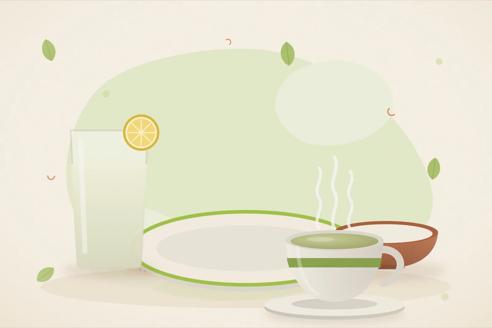 A small plate with dal, sabzi and salad, a glass of water with lemon, a bowl of curd and a cup of green tea on a lime-green background