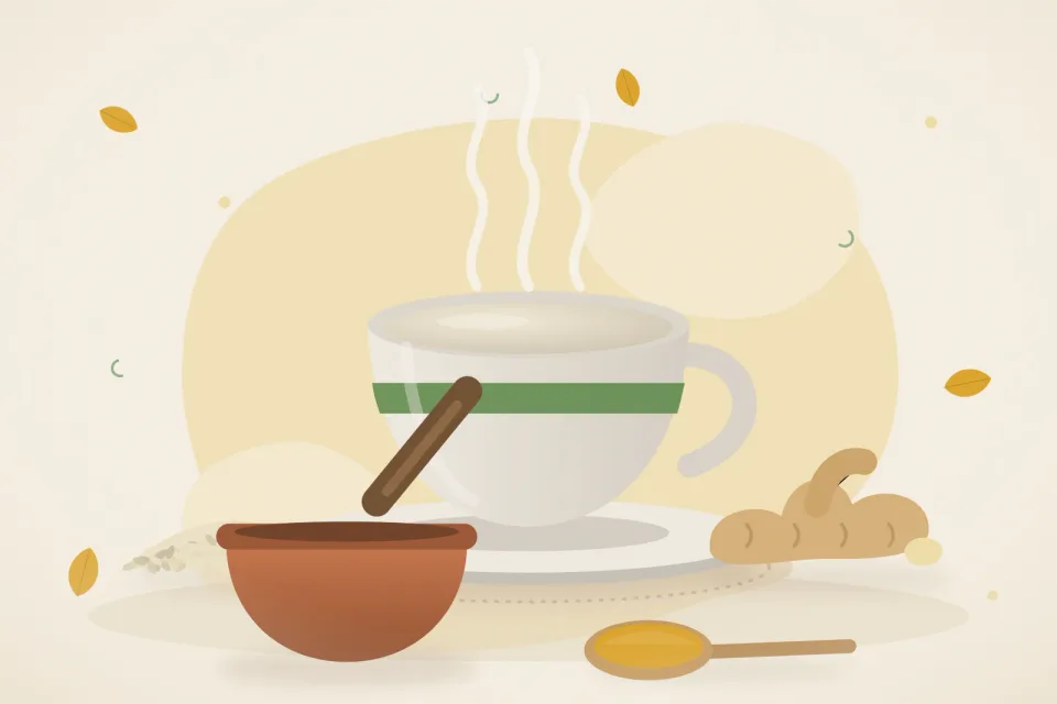 Illustrated still life with sesame seeds, fresh ginger.